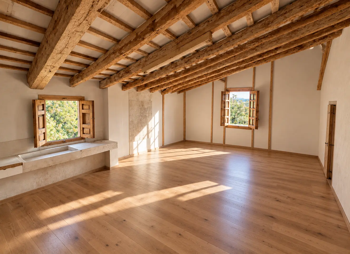 Sala con vigas de madera y suelo de roble