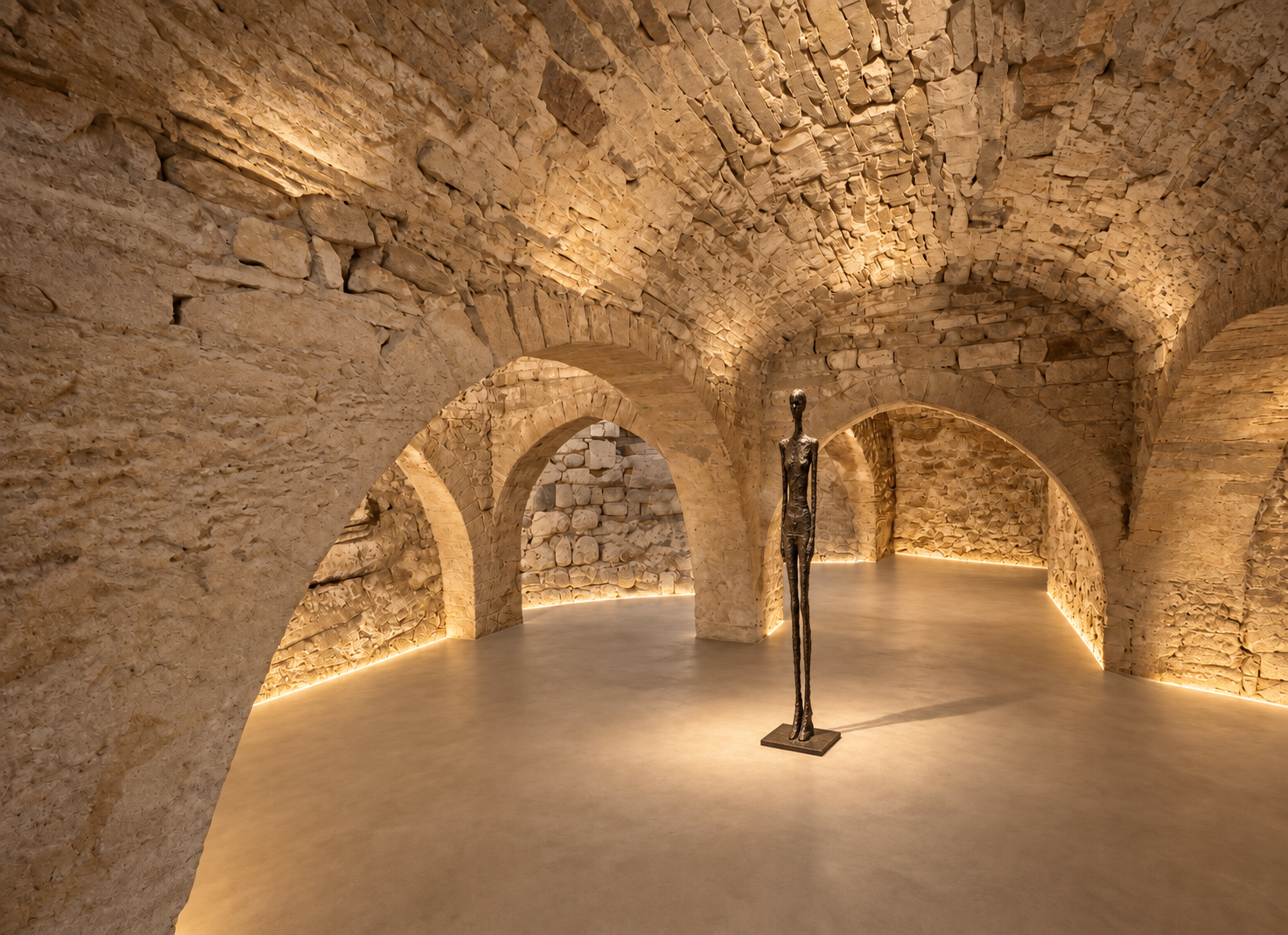 Sala abovedada de piedra con una escultura de bronce